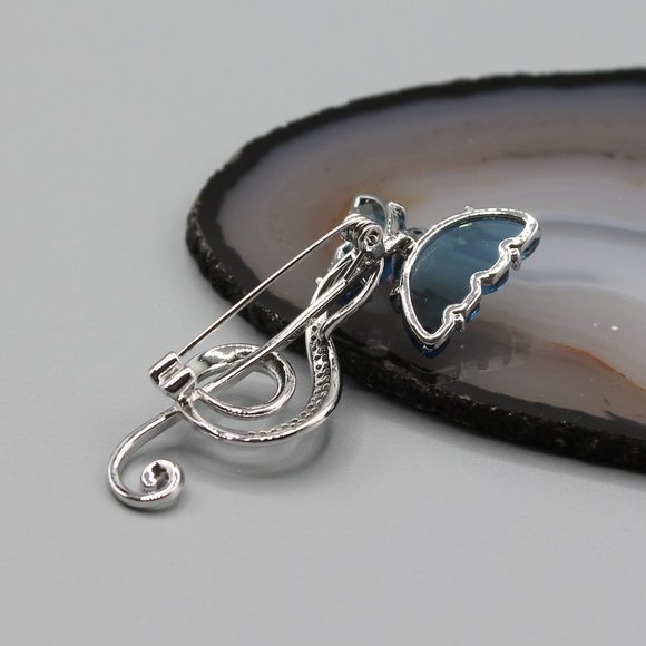 Jewelry pin brooch butterfly music note silver blue crystals elegant beautiful - Picture 5 of 10